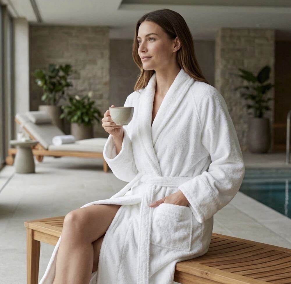 Frette Luxury Turkish Cotton Terry Bathrobe L/XL White Plush Spa Shawl Collar